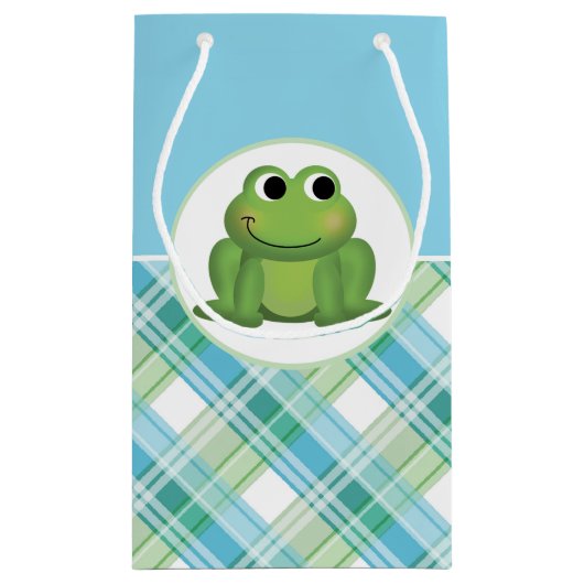 かわいいカエル青とグリーンプレイド抱き枕 スモールペーパーバッグ (裏面)