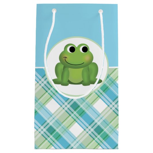 かわいいカエル青とグリーンプレイド抱き枕 スモールペーパーバッグ (正面)