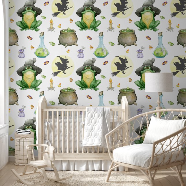 かわいいカエル魔女ポションカルドロンハロウィン子供部屋 壁紙 (キッズ)