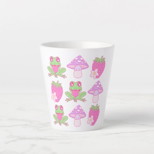 かわいいカエル、キノコ、イチゴ カフェラテマグ (正面)
