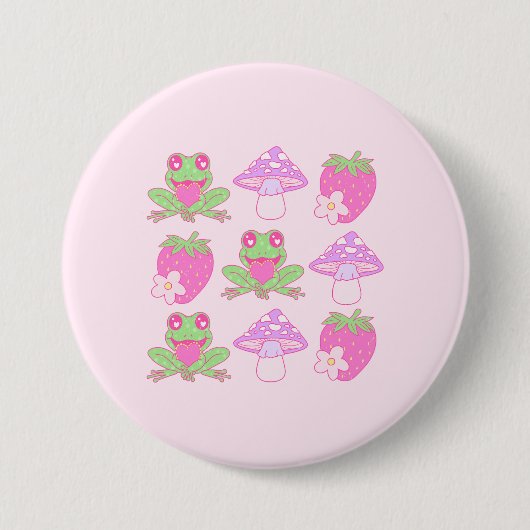 かわいいカエル、キノコ、イチゴ 缶バッジ (正面)