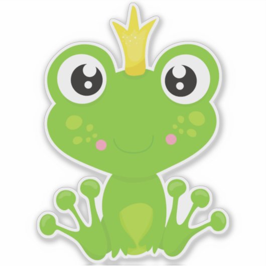 かわいいカエル，グリーンカエル，カエル王子，王冠 シール (正面)