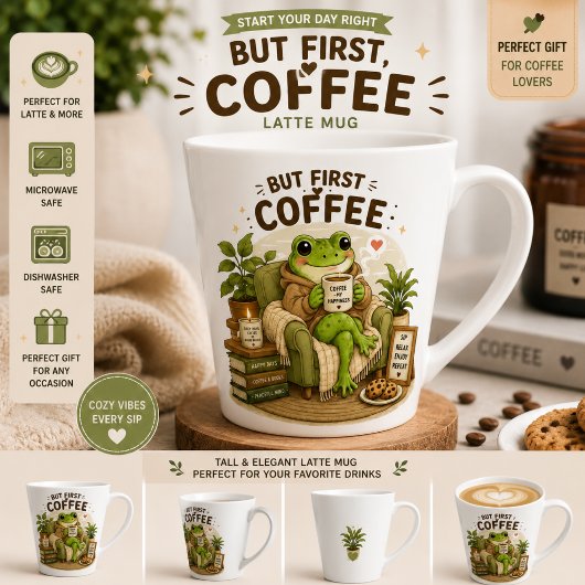 かわいいカエル コーヒー好き ラテマグ | でもまずはコーヒーから