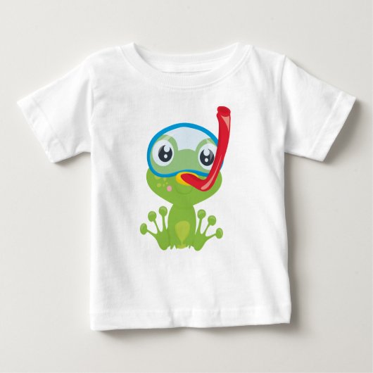 かわいいカエル，小さなカエル，グリーンカエル，シュノーケル ベビーTシャツ (正面)