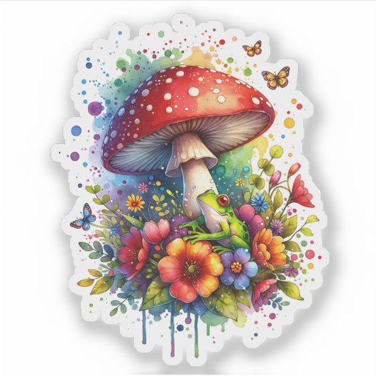 かわいいカエル、花、蝶とキノコ シール (正面)