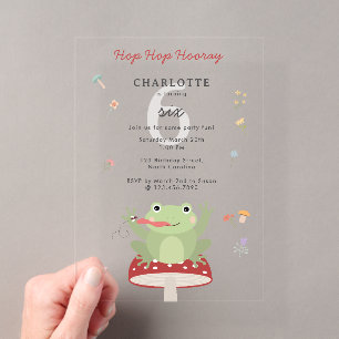 かわいいカエル 跳ねる 喜びの大合唱 キノコの花 誕生日 アクリル招待状