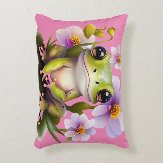 かわいいカエルinフラワーソファ アクセントクッション (正面(垂直))