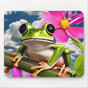 かわいいカエルonピンクの花枝と雲 マウスパッド