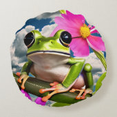 かわいいカエルonピンクの花枝と雲 ラウンドクッション (裏面)