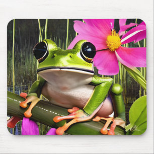 かわいいカエルonピンクの花枝 マウスパッド