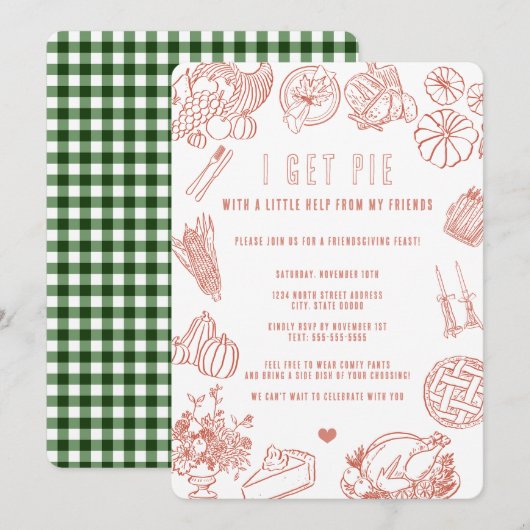 かわいいカジュアルなフレンドギビングディナーセレブレーション 招待状 (正面/裏面)
