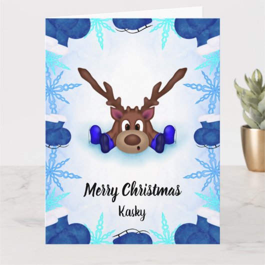 かわいいカスキー　アイススケートを履いたサンタのトナカイ カード (小さな植物)