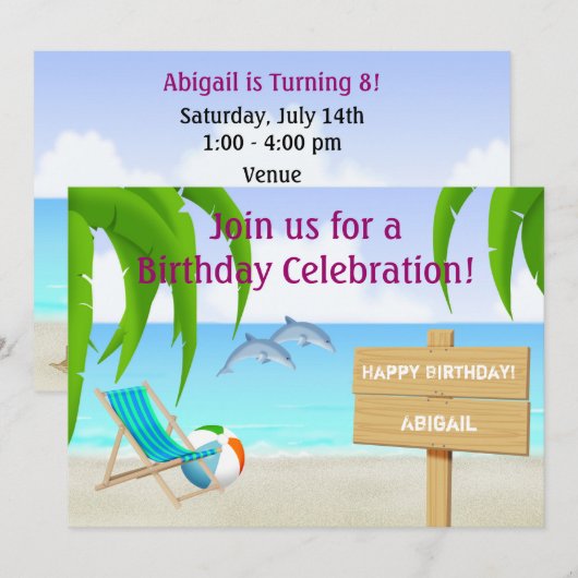 かわいいカスタマイズイルカビーチバースデーパーティー 招待状 (正面/裏面)