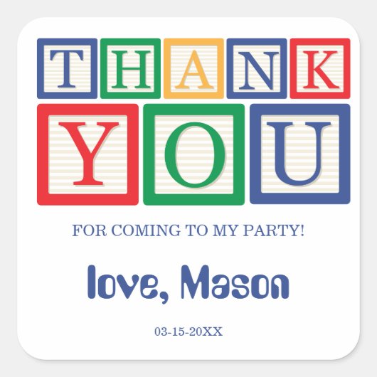 かわいいカスタマイズプライマリーブロックの感謝 スクエアシール (正面)