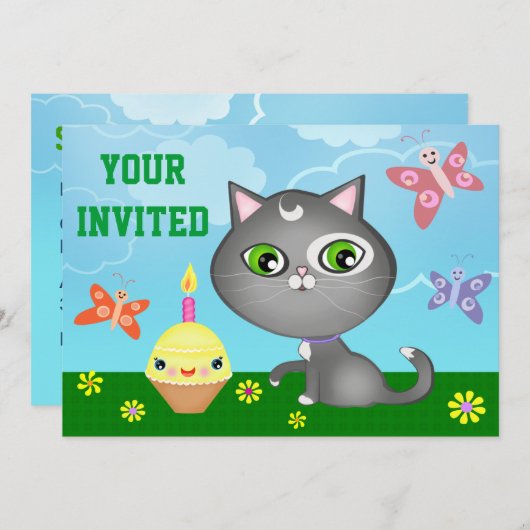 かわいいカスタムな子猫の子供の誕生日のパーティの招待状 招待状 (正面/裏面)