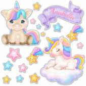 かわいいカスタムウォーターカラースターズアンドベビーユニコーン シール (正面)