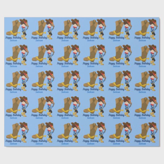 かわいいカスタムカウボーイキッズブルーハッピーバースデー ラッピングペーパー (フラット)