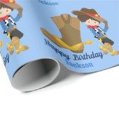 かわいいカスタムカウボーイキッズブルーハッピーバースデー ラッピングペーパー (ロールコーナー)