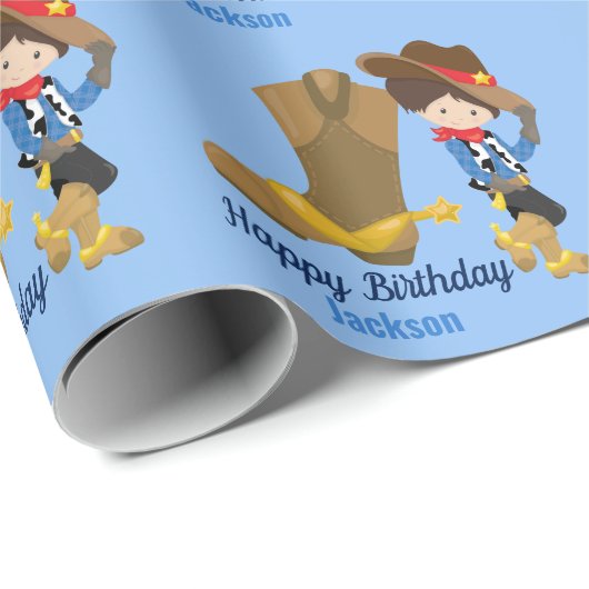 かわいいカスタムカウボーイキッズブルーハッピーバースデー ラッピングペーパー (ロールコーナー)