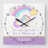 かわいいカスタムパーソナライズされた魔法の虹の一角獣 スクエア壁時計 (正面)