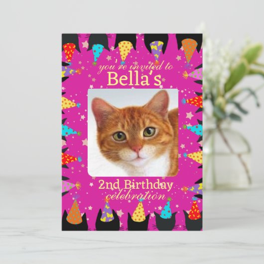 かわいいカスタムフォトピンク猫の誕生日パーティー 招待状 (スタンド正面)