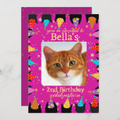 かわいいカスタムフォトピンク猫の誕生日パーティー 招待状 (正面/裏面)