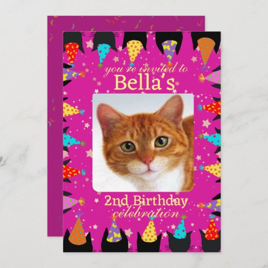 かわいいカスタムフォトピンク猫の誕生日パーティー 招待状 (正面/裏面)