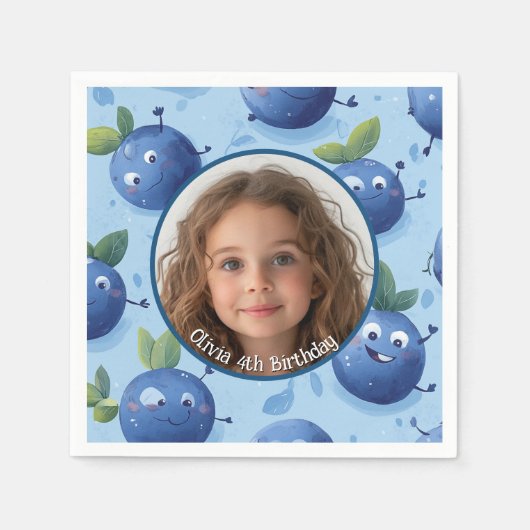 かわいいカスタムブルーベリーの写真と名前紙プレート スタンダードカクテルナプキン (正面)