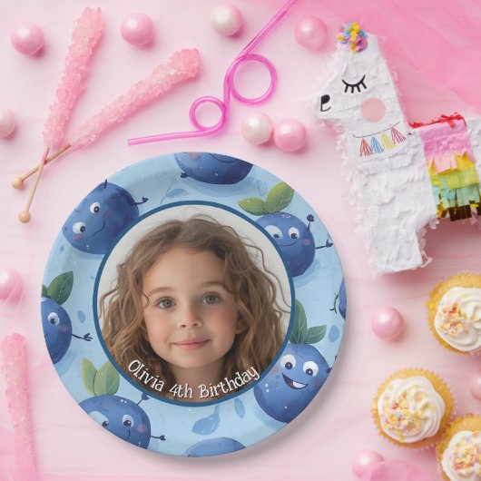 かわいいカスタムブルーベリーの写真と名前紙プレート ペーパープレート (パーティー)