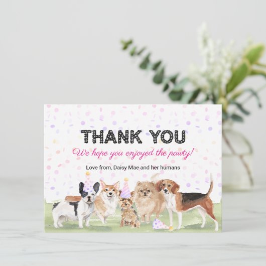 かわいいカスタムペットポーティピンクドッグ誕生日パーティー サンキューカード (スタンド正面)