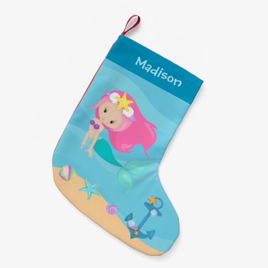 かわいいカスタムマーメイドビーチハウスキッズ スモールクリスマスストッキング (正面 (吊り時))