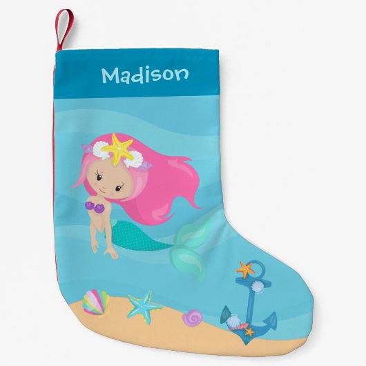 かわいいカスタムマーメイドビーチハウスキッズ スモールクリスマスストッキング (正面)