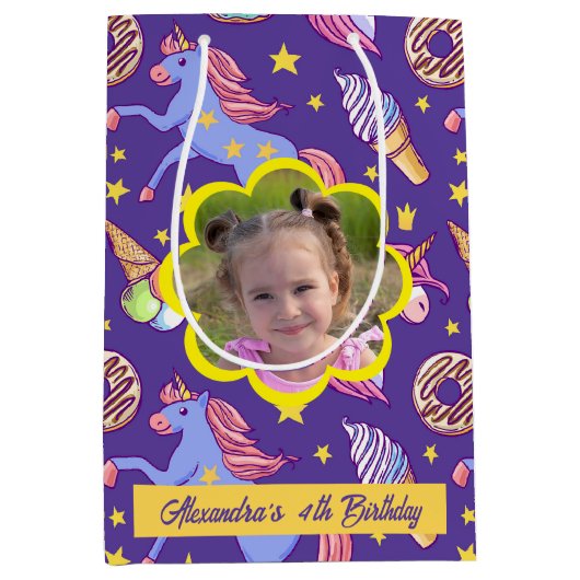 かわいいカスタムユニコーン、ドーナツ&アイスクリーム ミディアムペーパーバッグ (正面)