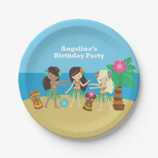 かわいいカスタムルアウ（ハワイ式宴会）ビーチフラガールズバースデーパーティー ペーパープレート (正面)