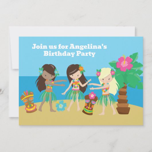 かわいいカスタムルアウ（ハワイ式宴会）ビーチフラガールズバースデーパーティー 招待状 (正面)