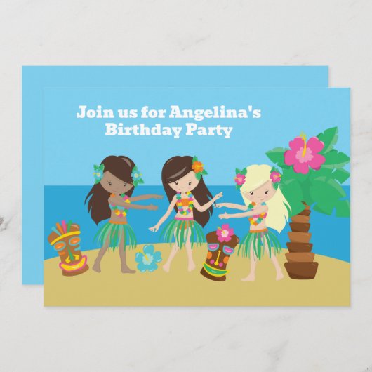 かわいいカスタムルアウ（ハワイ式宴会）ビーチフラガールズバースデーパーティー 招待状 (正面/裏面)