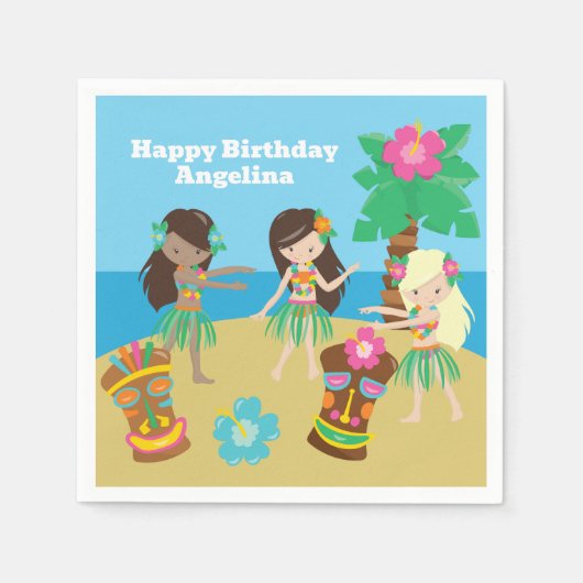 かわいいカスタムルアウ（ハワイ式宴会）ビーチ誕生日パーティーフラガールズ スタンダードカクテルナプキン (正面)