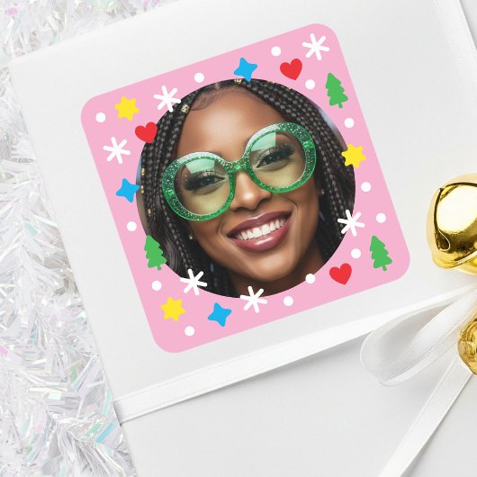 かわいいカスタム写真ホリデーレトロピンククリスマス スクエアシール