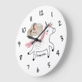 かわいいカスタム写真&名前のユニコーン子供用壁掛け時計 ラージ壁時計 (傾斜)