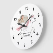かわいいカスタム写真&名前のユニコーン子供用壁時計 ラージ壁時計 (傾斜)