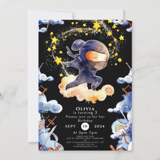 かわいいカスタム忍者誕生日 招待状 (正面)