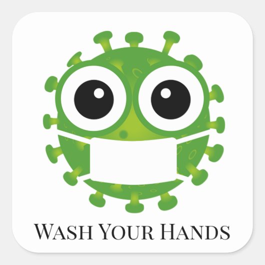 かわいいカスタム文字グリーンウイルス胚絵文字ウォッシュハンド スクエアシール (正面)