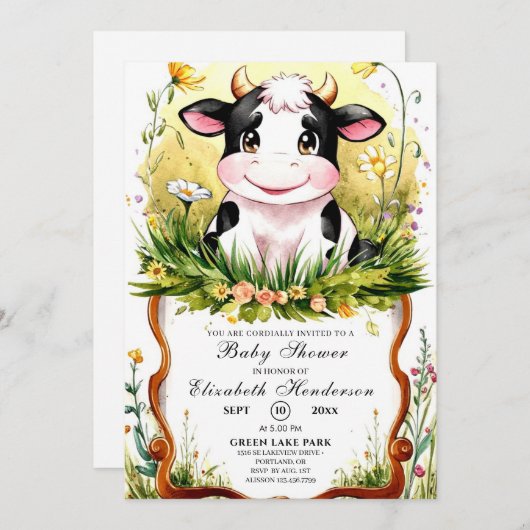 かわいいカスタム水彩牛の赤ちゃんシャワー 招待状 (正面/裏面)