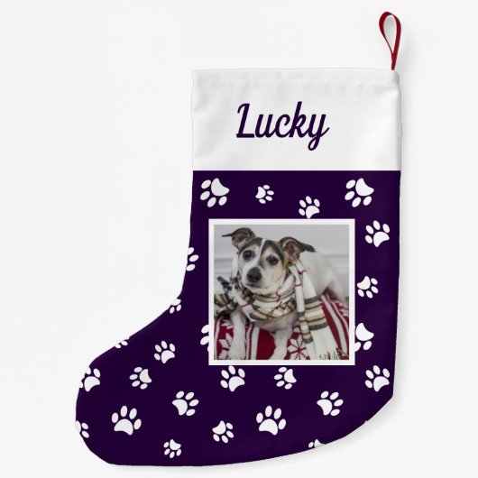 かわいいカスタム犬の写真名紫の白い前足 スモールクリスマスストッキング (裏面)