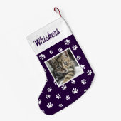 かわいいカスタム猫の写真名紫の白い前足 スモールクリスマスストッキング (裏面 (吊り時))