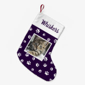 かわいいカスタム猫の写真名紫の白い前足 スモールクリスマスストッキング (正面 (吊り時))
