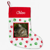 かわいいカスタム猫の写真名赤い緑の前足 スモールクリスマスストッキング (正面)