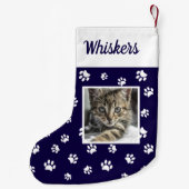 かわいいカスタム猫の写真名青い白い前足 スモールクリスマスストッキング (裏面)