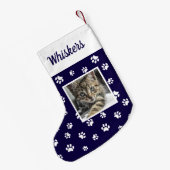 かわいいカスタム猫の写真名青い白い前足 スモールクリスマスストッキング (裏面 (吊り時))