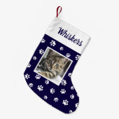 かわいいカスタム猫の写真名青い白い前足 スモールクリスマスストッキング (正面 (吊り時))